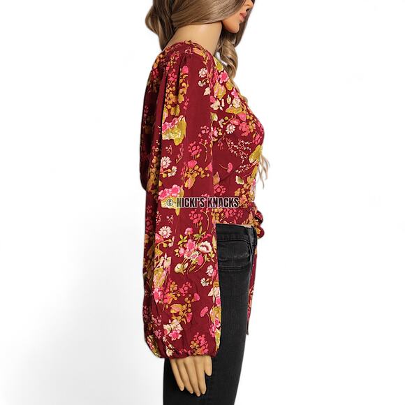 Rachel Roy One Shoulder Floral Tie Waist Top Puff Sleeve Red Boho Y2K Size M - Picture 5 of 10